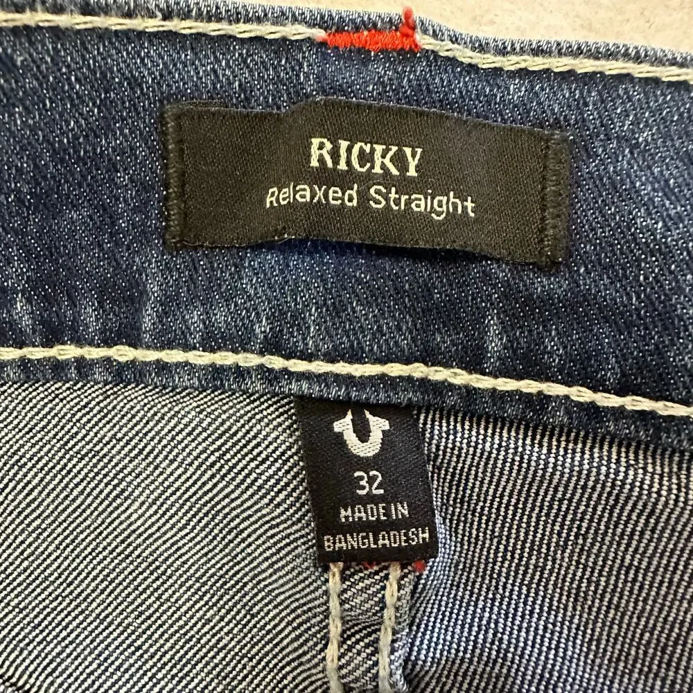 True Religion Ricky Relaxed Straight Jeans Blue Denim Flap Pocket 32x34 NWT
